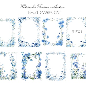 May include: Watercolor frames collection with PNG transparent backgrounds. The image features eight rectangular and oval frames adorned with delicate blue watercolor flowers and foliage. The text "8 PNG" is visible.