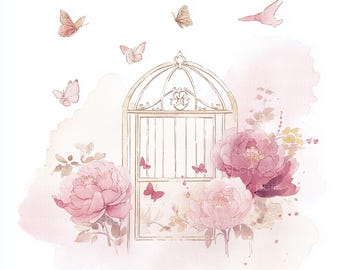 10 Peony garden gates clipart, Butterfly floral watercolor digital printable, Junk Journaling, High-quality illustrations for card making