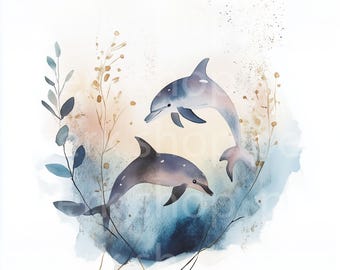 Dolphin Watercolor Clipart: Abstract Botanical JPG (Digital Download)