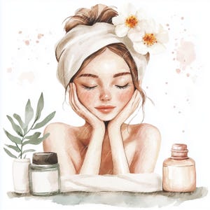 May include: A woman with a white towel wrapped around her head is shown with her eyes closed, resting her chin on her hands. She is surrounded by white flowers and a green plant. There are two bottles of skincare products on a white surface in front of her.