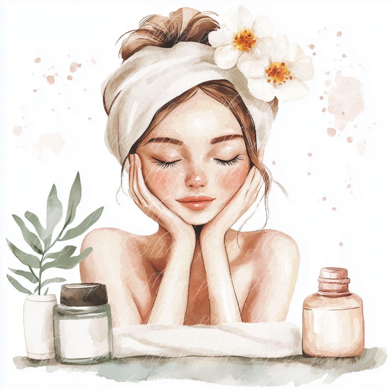 May include: A woman with a white towel wrapped around her head is shown with her eyes closed, resting her chin on her hands. She is surrounded by white flowers and a green plant. There are two bottles of skincare products on a white surface in front of her.