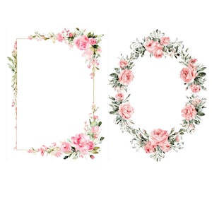 Op de afbeelding: Twee bloemmotieven op een witte achtergrond. Eén is een gouden rechthoekig frame versierd met roze rozen en groene bladeren. De andere is een cirkelvormige krans van roze rozen en groen, ideaal voor uitnodigingen of decoratie.