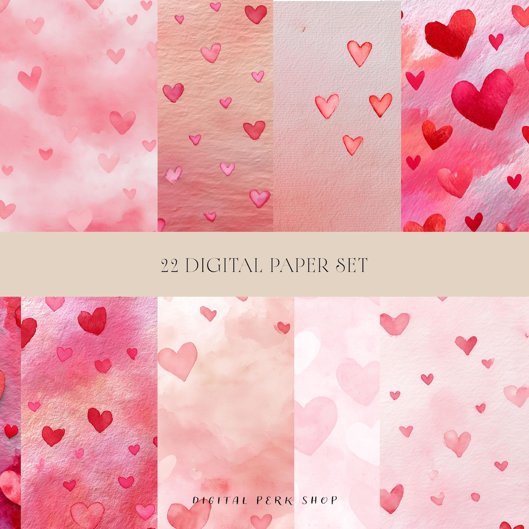 Watercolor Hearts Digital Paper Set, Valentine Backgrounds, Pink Love ...