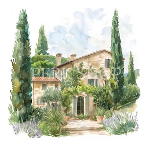 4 Italian Villas Clipart, Watercolor Tuscany Landscape Clip Art, Printable High Quality JPGs, Digital download, Paper craft, Junk journals