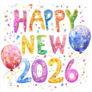 Puede incluir: Ilustración en acuarela con las palabras "HAPPY NEW 2026" en letras coloridas y texturizadas. Dos globos y confeti complementan el diseño festivo, sobre un fondo blanco.