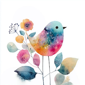 Könnte beinhalten: Aquarellillustration eines bunten Vogels mit blauem Kopf, der auf dünnen schwarzen Beinen sitzt. Der Körper des Vogels wechselt von Orange zu Rosa und Blau. Er ist von Aquarellblumen und Blättern in Rosa, Orange und Blau umgeben.
