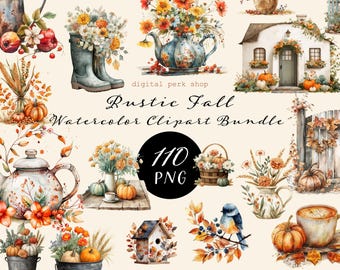 Rustic Fall Watercolor Clipart Bundle: Pumpkins, Teapots, Cottagecore (PNG Files) (Digital Download)