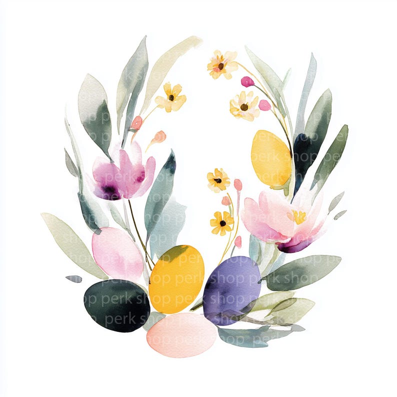 8 Easter Floral Wreath Clipart PNG, Watercolor Eggs Flowers Clip Art ...