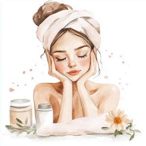 10 cliparts de soins personnels, aquarelle de beauté de peau de fille, papier artisanal imprimable bien-être, autocollant, album, décoration de baignoire spa, téléchargement numérique, png