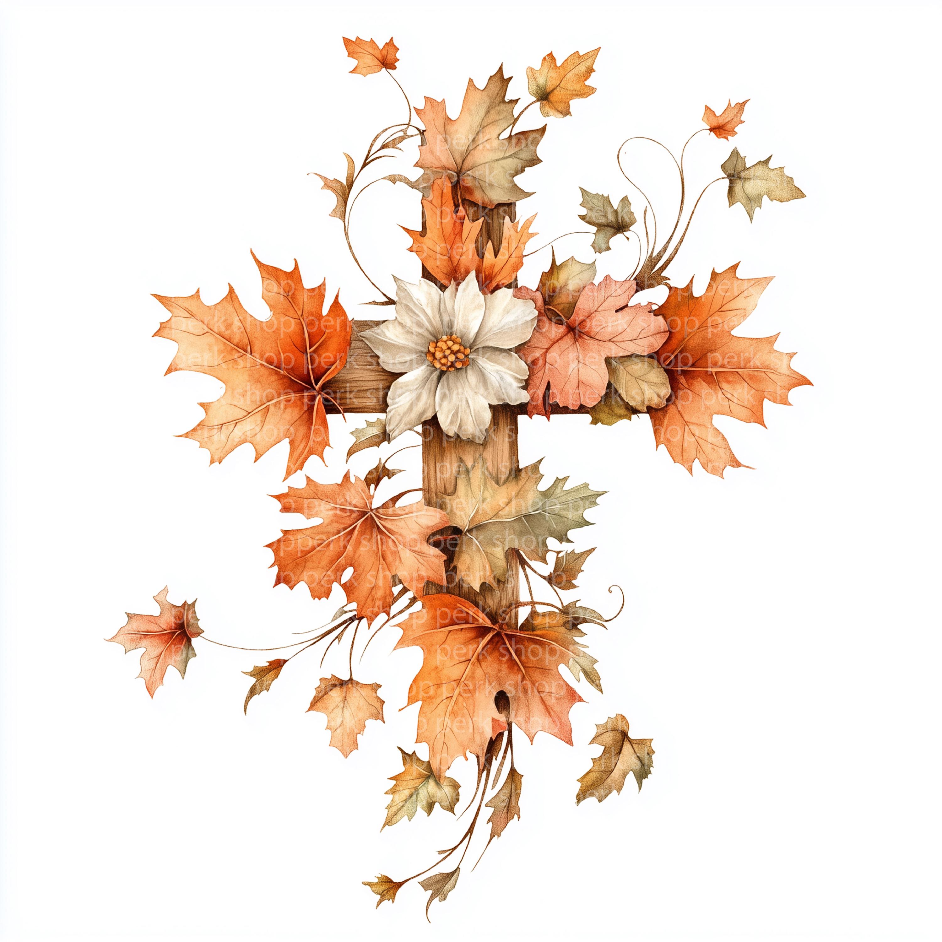 Autumn Leaves Cross Watercolor Clipart, Christian Fall Cross PNG, Faith ...