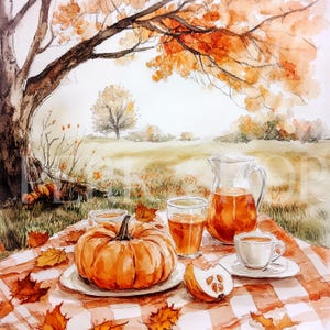 Acuarela de calabaza para picnic otoñal. Obras de arte digitales, arte de la temporada de cosecha otoñal, descarga de imágenes prediseñadas de paisajes, papel de manualidades imprimible, diario basura.