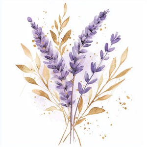 Rustieke lavendel boeket aquarel clipart met elegante bladgoud decor - Instant Download, bruiloften, junk Journal, ambachtelijk papier, kunst aan de muur
