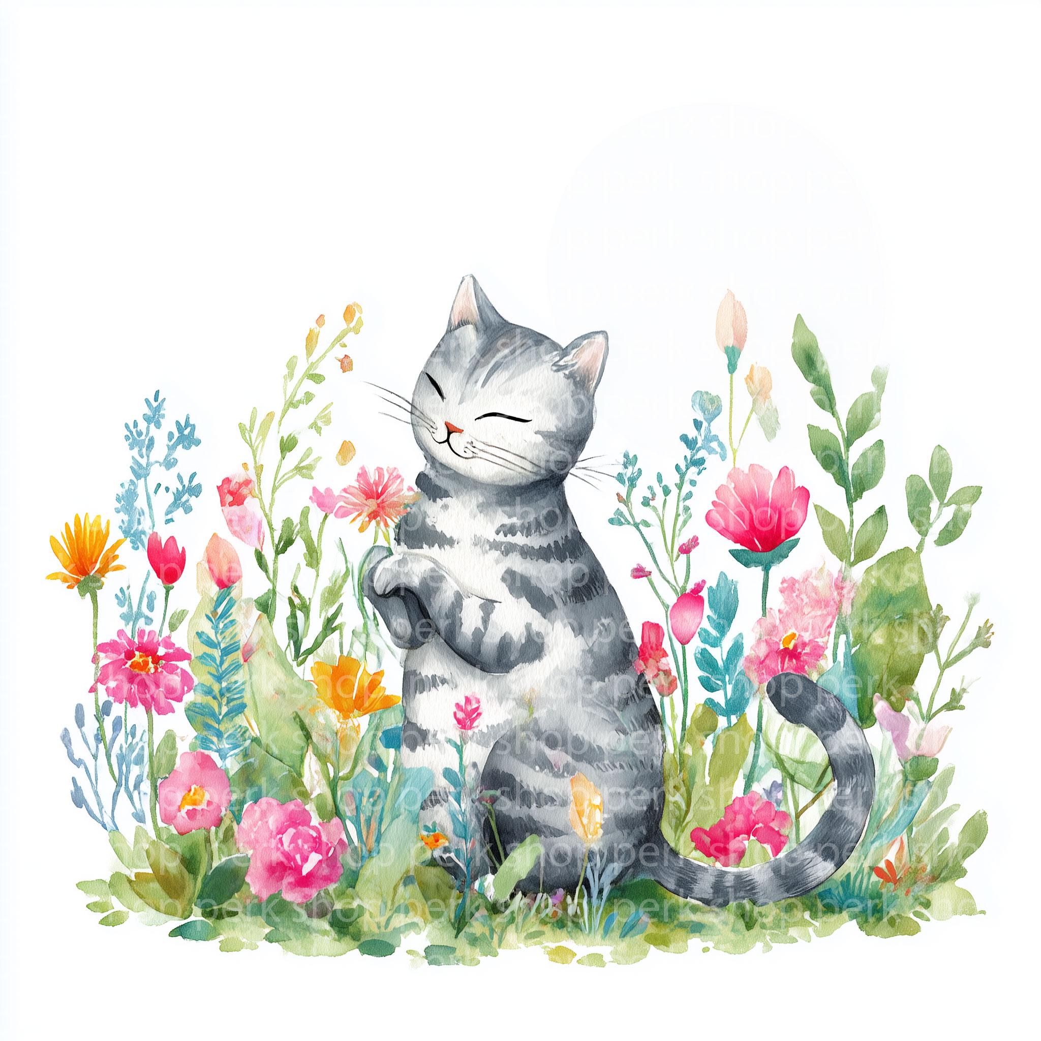 Watercolor Floral Cat Clipart Set, Premade Cute Kitten Graphics, Spring ...