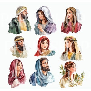 Puede incluir: Nueve ilustraciones de acuarela de personas con diferentes peinados y ropa. Las personas miran en diferentes direcciones. Las ilustraciones est&aacute;n sobre un fondo blanco.