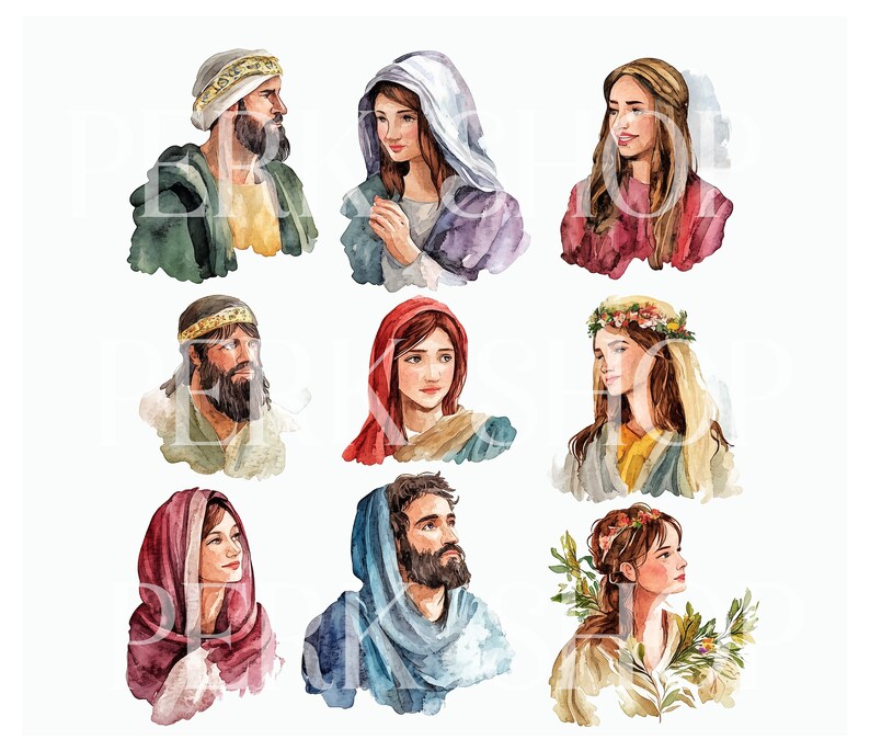 Puede incluir: Nueve ilustraciones de acuarela de personas con diferentes peinados y ropa. Las personas miran en diferentes direcciones. Las ilustraciones est&aacute;n sobre un fondo blanco.