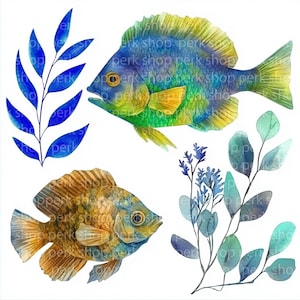 Ensemble de 5 cliparts aquarelle poissons colorés | Vie marine tropicale et feuilles botaniques PNG | Lot numérique Sea Life pour travaux manuels et design