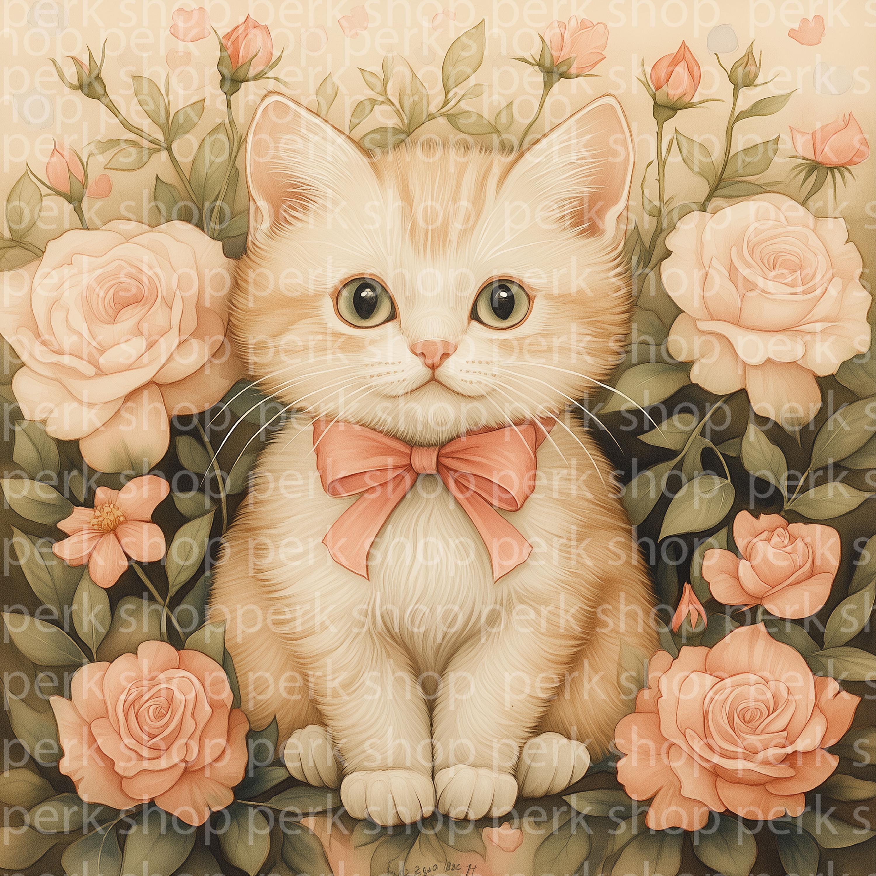 ヴィンテージ水彩子猫プリント - ピンクのバラ、花柄猫アート