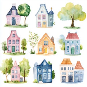 Imágenes prediseñadas de 6 casas bonitas, edificios urbanos en acuarela, arquitectura urbana holandesa con árboles para sublimación, arte mural, revistas basura, Ámsterdam