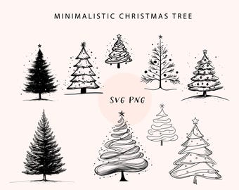 May include: A set of ten minimalist black and white Christmas tree illustrations. The trees are drawn in a simple, hand-drawn style and are perfect for use in digital or printed projects.