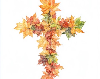 Autumn Leaves Cross Watercolor Clipart, Christian Fall Cross PNG, Faith Thanksgiving Art Print, Rustic Botanical Cross, Religious Fall Decor