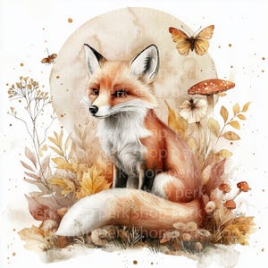10 cliparts renard des bois, aquarelle d'animaux de la forêt, imprimables botaniques champignons bohèmes, scrapbooking, papier craft, téléchargement numérique, chambre de bébé