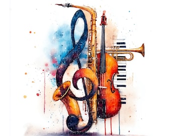 Watercolor Treble Clef Art with Trumpet, Jazz Music Printable, Music Teacher Gift, Band Decor Wall Art (7 Images, Digital Download)