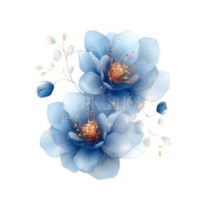 PNG blauwe bloemen clipart, afdrukbare bloemen aquarel, goudblauwe glansprint, hoge kwaliteit, digitale download, Papercraft, junk journal