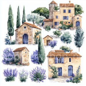 7 cliparts Provence, art imprimable aquarelle village français, créations artisanales en papier, autocollant, mur, scrapbooking, téléchargement numérique, cartes indésirables de journal
