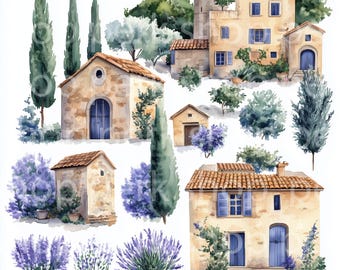 Provence Watercolor Clipart: French Village & Lavender (Digital Download)