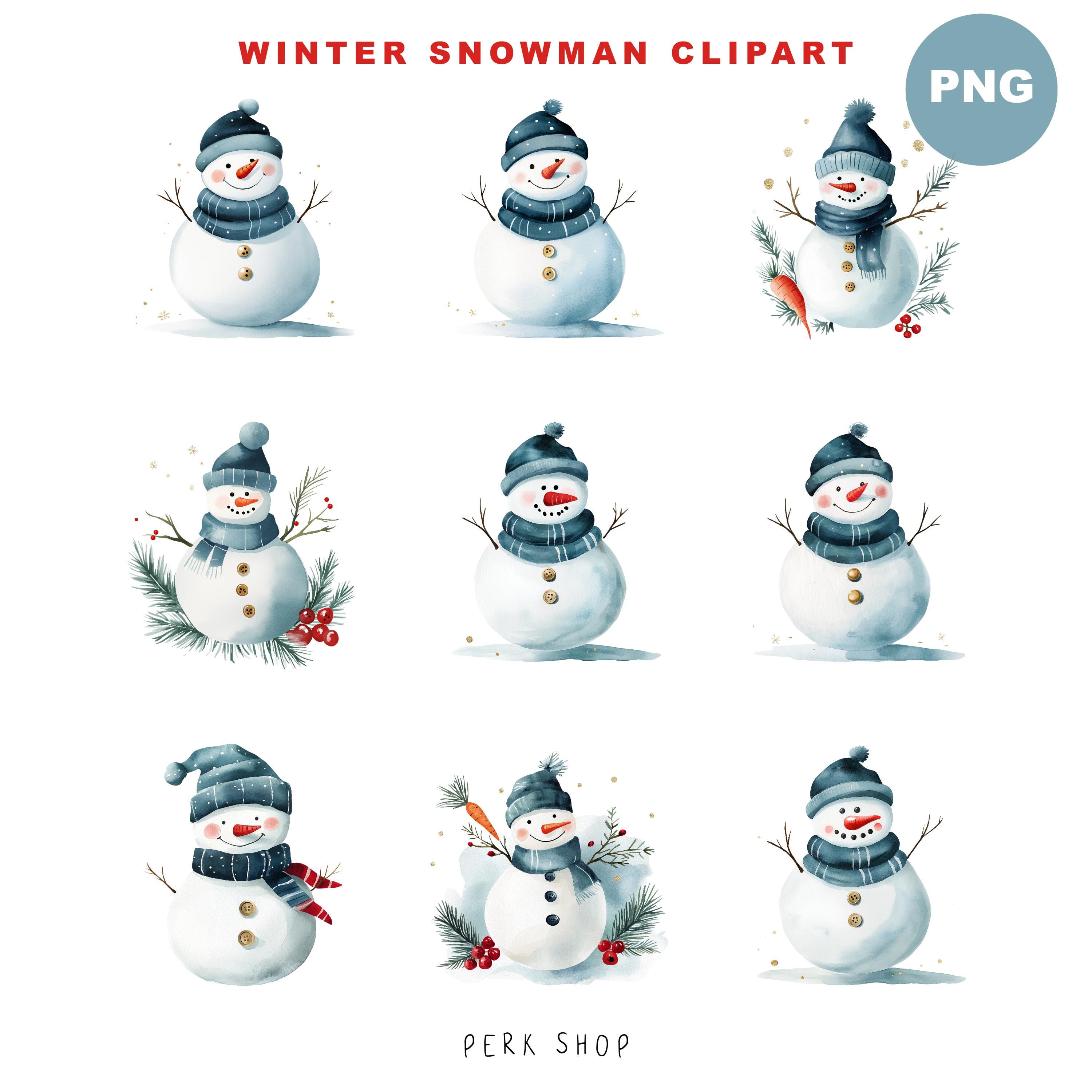 水彩画のクリスマス雪だるまクリップアート：DIYホリデーPNG（デジタル