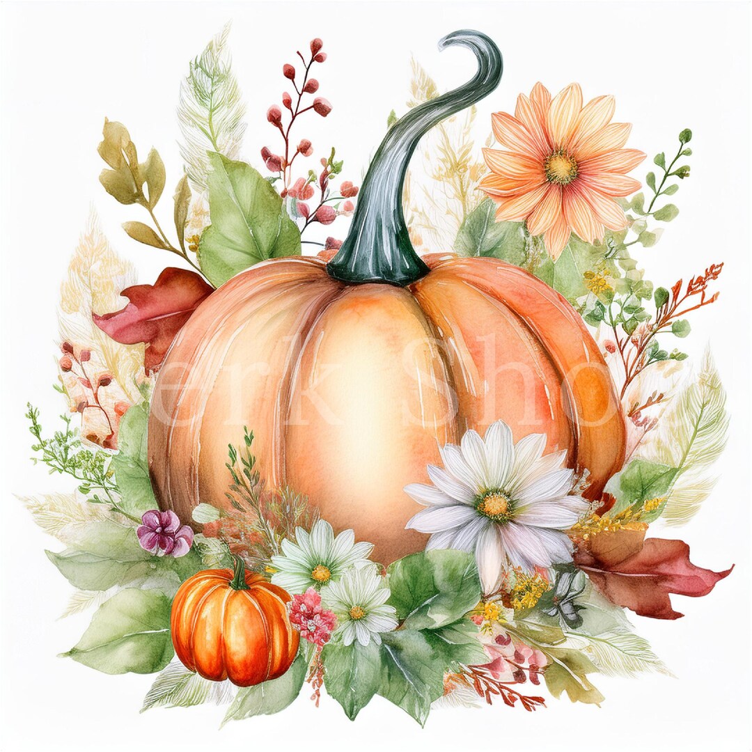 Watercolor Pumpkin Floral Clipart: Boho Fall Flower Graphics (digital ...