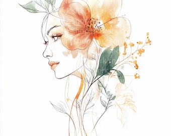 Watercolor Floral Woman Portrait Clipart: Minimalist Line Art (PNG, JPG Digital Download)