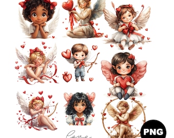 Watercolor Cupid Clipart: Valentine's Day Angels, Love PNG Stickers (Digital Download)