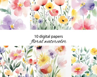 Watercolor Flower Digital Paper: Garden Floral Scrapbook Patterns (JPEG Download)