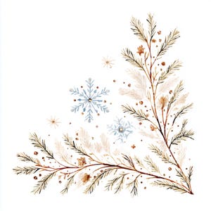 以下が含まれることがあります： 常緑樹の枝、雪の結晶、星型のオーナメントをあしらった、水彩画のコーナーデザインのイラスト。カラーパレットは、白の背景に茶色、緑、水色の色合いが含まれています。ホリデーをテーマにした工芸品やデザインに最適です。