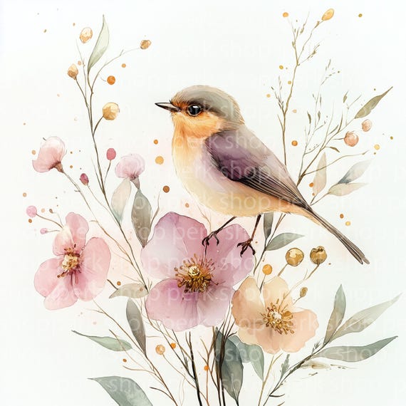 水彩画の花と鳥のクリップアート：淡いピンクの野花の花束（JPG