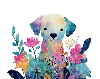 Watercolor Dog Clipart PNG, Cute Puppy Illustration, Botanical Dog Art, Pet Clipart, Nursery Animal Decor, Colorful Dog PNG