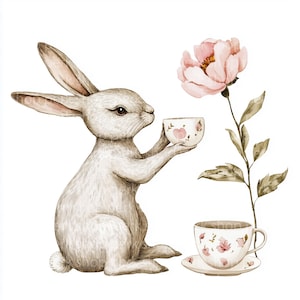 12 Clipart amante del tè, Clipart coniglio con tazza da tè, Biglietto d'invito floreale, carta artigianale, diario, album digitale, coniglietto che beve il tè