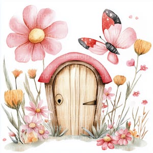9 Clipart z Domem Wróżek, Clipart z Różowym Domem, Clipart z Akwarelami do Wydruku, Wysokiej Jakości PNG, Pobieranie Cyfrowe, Rękodzieło Papierowe, Dziennik Śmieciowy, PNG