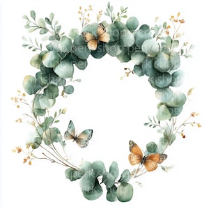10 eucalyptus vlinder krans clipart, groen boog bruiloft decor, aquarel printables, uitnodigingskaart, ambachtelijk papier, scrapbooking pack