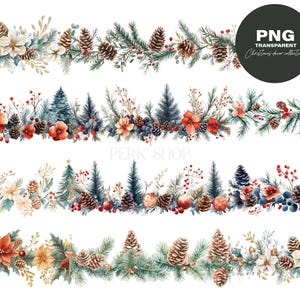12 PNG Natale bordi botanici acquerello clipart, ghirlanda invernale stampabile decorazione, adesivi di carta artigianale, download digitale, scrapbooking