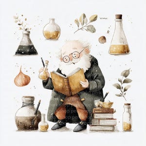 May include: Watercolor illustration of an elderly man with a long white beard, reading a book, surrounded by scientific equipment. The image includes beakers, vials, and botanical elements, all in a vintage style. The color palette is soft, with warm tones.