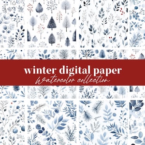 24 Winter digitales Papier, botanische Clipart Blau, druckbare Weihnachtsbaum Handwerk, Scrapbooking, digitaler Download, Sublimation Schnee
