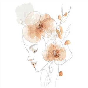 4 Minimalistische Frau Gesicht Line Art Clipart | Aquarell Blumenporträt PNG | Boho Ästhetische Wandkunst, Sublimationsdesign, feminines Dekor