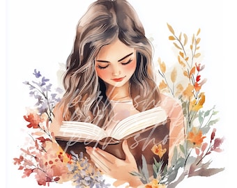 Reading Girl Floral Watercolor Clipart: Autumn Bookworm (Digital Download)