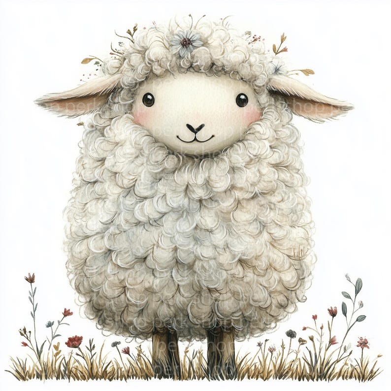 May include: A white fluffy sheep with a crown of flowers on its head. The sheep is standing in a field of grass with wildflowers.