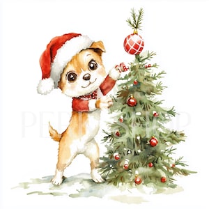 8 Little dog decorate a Christmas tree printable clipart, Pet lovers winter gift decor, Digital download, craft papers, junk journal sticker
