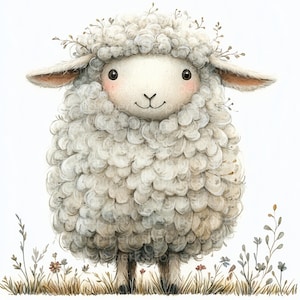 May include: A white fluffy sheep with a sweet expression, standing in a field of green grass and wildflowers. The sheep has a wreath of small twigs and leaves around its head.