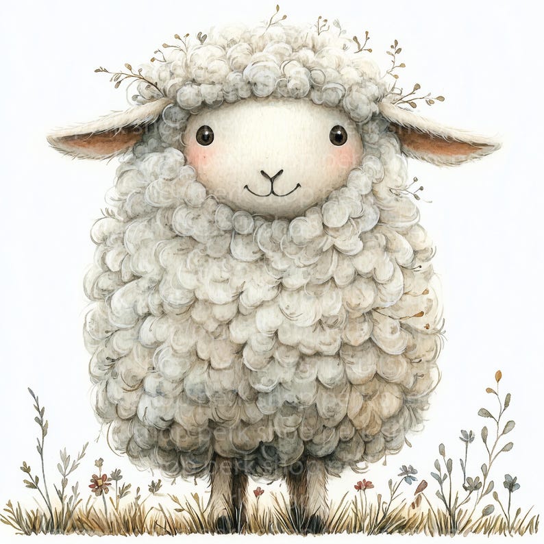 May include: A white fluffy sheep with a sweet expression, standing in a field of green grass and wildflowers. The sheep has a wreath of small twigs and leaves around its head.