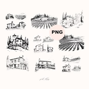9 wijngaarden landschap png, wijngaard clipart, oude villa Toscaanse stijl, schets zwart-wit, afdrukbare sticker, uitnodiging, jpg-sublimaties